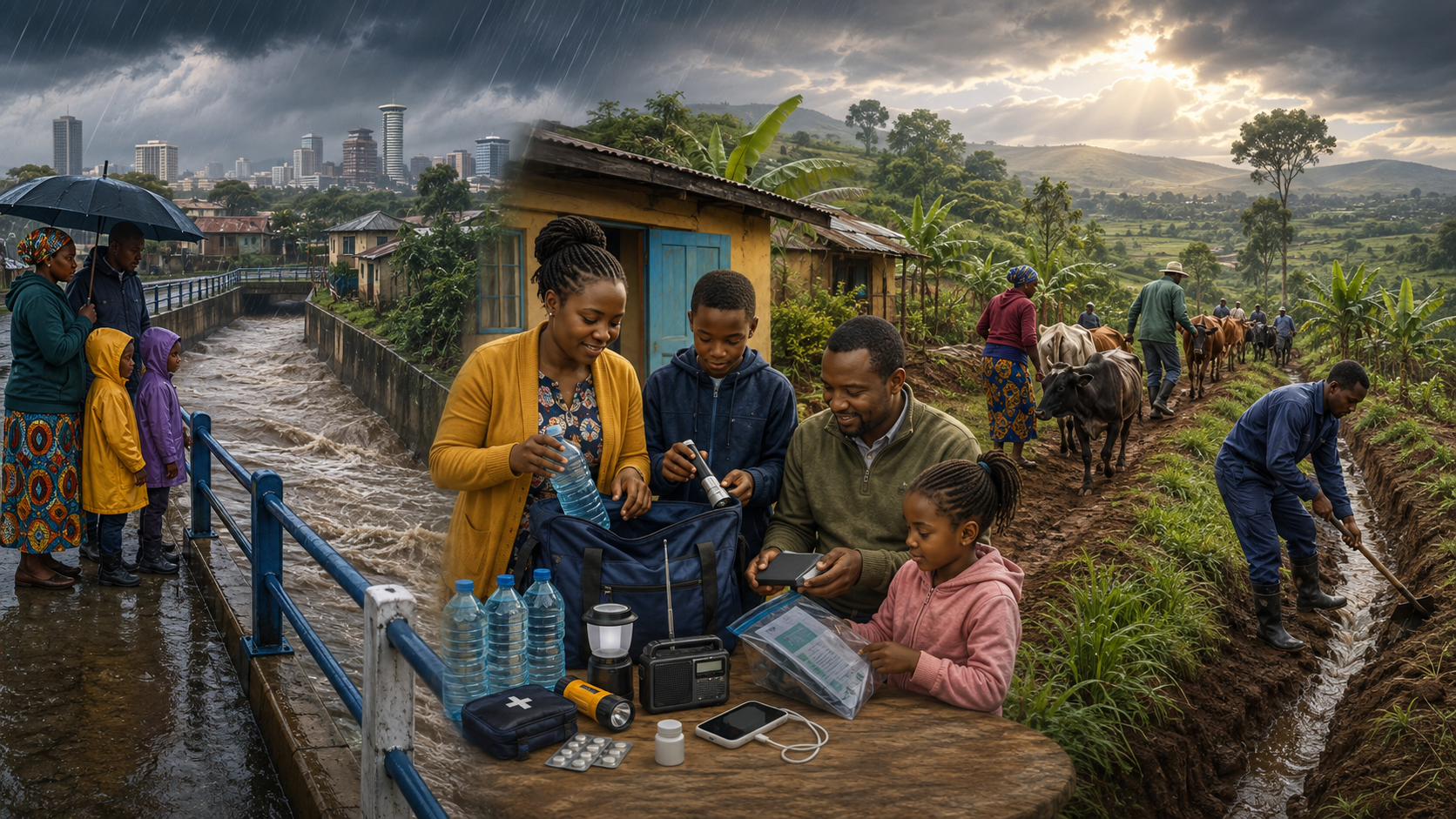 A Kenyan family prepares emergency supplies while communities respond safely to heavy rain and farmers protect livestock