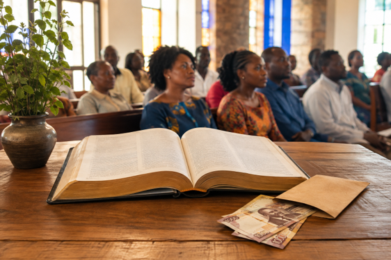 A Kenyan Christian family reflecting on biblical provision, stewardship and contentment around an open Bible